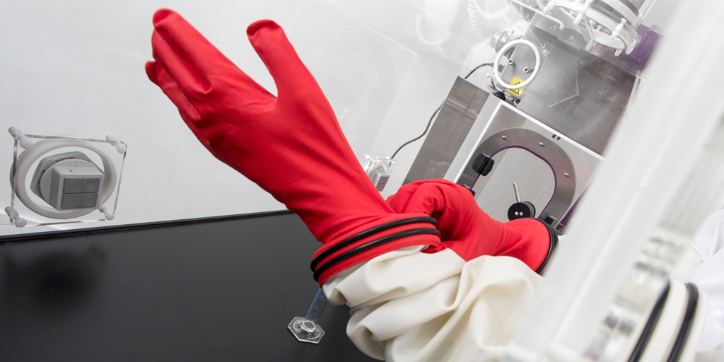 Laboratory Nitrile disposable Gloves inside a glove box